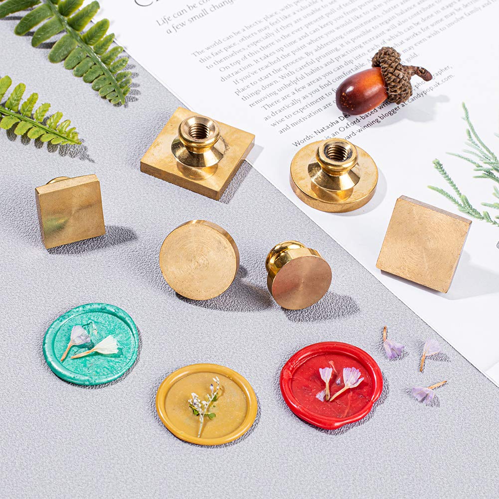 CRASPIRE Blank Wax Seal Stamp Set 6PCS Sealing Solid Brass Stamp Head 20-30.5mm Round Square+2PCS Wood Handle Retro Removable Brass Stamp Kit for Letter Envelope Invitation Wedding Gift Decoration