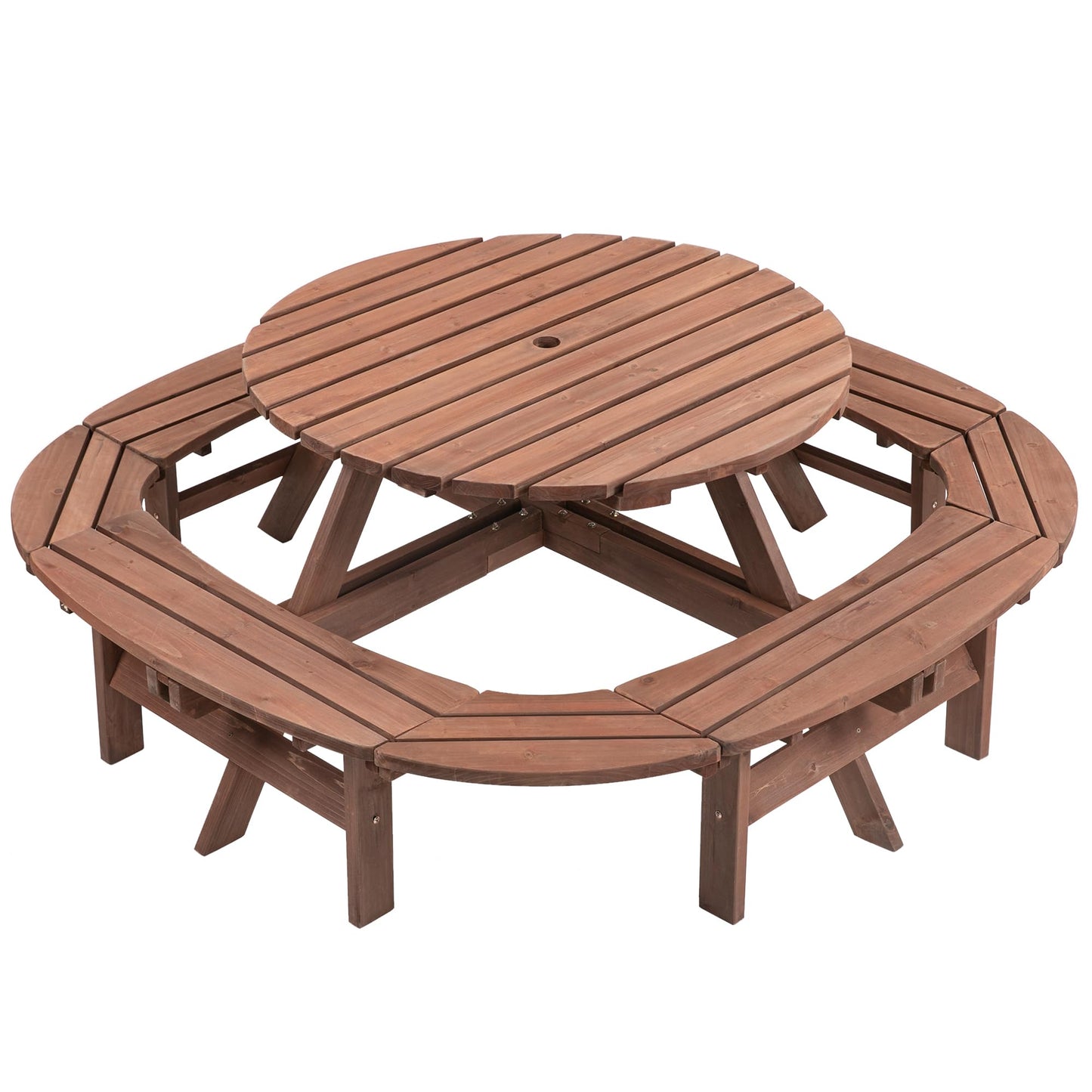 10-12 Person Round Outdoor Wooden Picnic Table with 1.97" Umbrella Hole, 70 Inch Heavy Duty Circular Backyard Patio Garden Table for Large Family Gathering, Rustic Fir Wood Dining Set, Walnut Brown