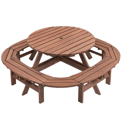 10-12 Person Round Outdoor Wooden Picnic Table with 1.97" Umbrella Hole, 70 Inch Heavy Duty Circular Backyard Patio Garden Table for Large Family Gathering, Rustic Fir Wood Dining Set, Walnut Brown