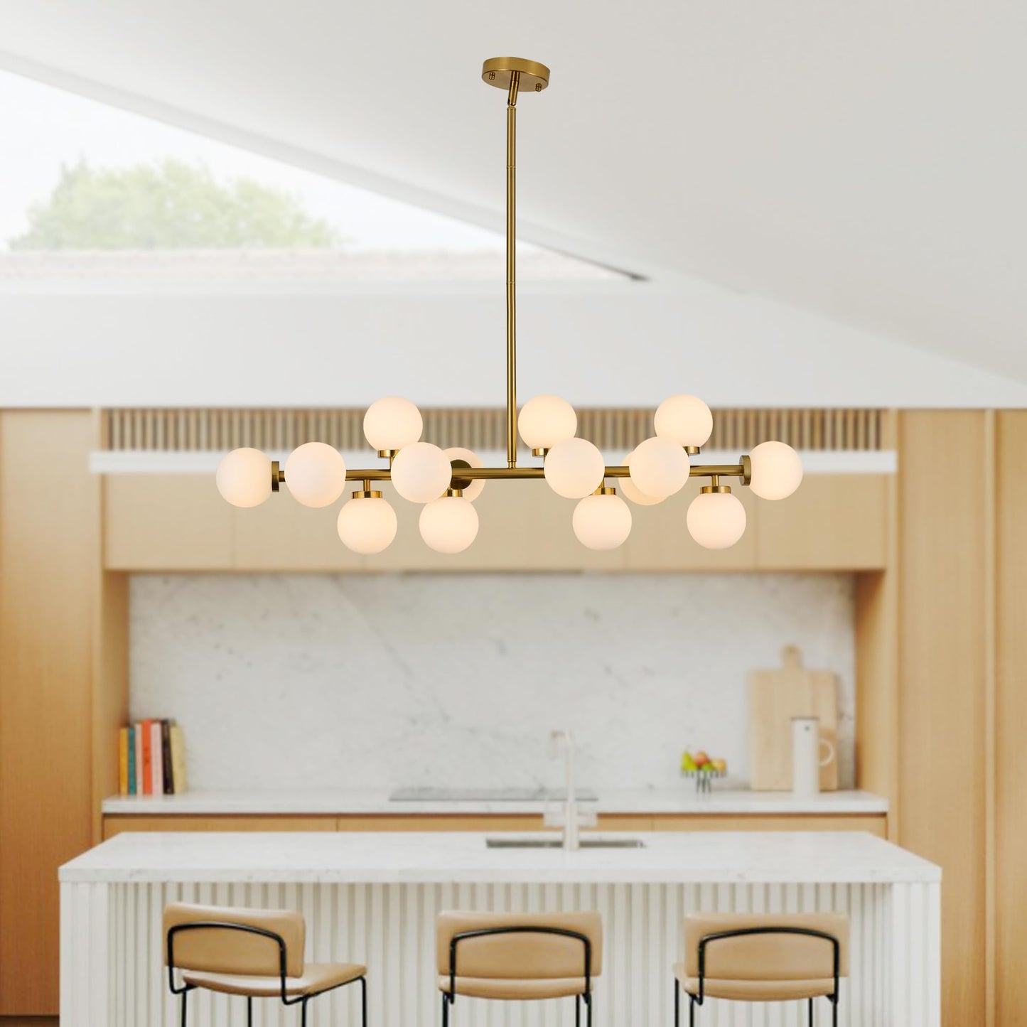 XILICON Linear Chandeliers Modern Brushed Brass Chandeliers for Dining Room 16-Lights and White Glass Pendant Lighting Mid Century Globe Dining Light Fixture for Living Room Kitchen
