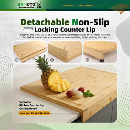 BAMOTTO CRAFTBAMBOO 24 x 18 Inch Large Bamboo Cutting Board and Stovetop Cover, Over-the-Sink Board with Detachable Support Legs & Secure Front Lip, Carving and Pasta Board