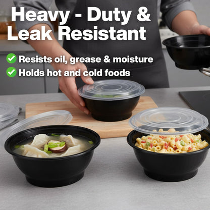ProTakeOut, 36 oz, 20 Sets, Black Microwaveable Noodle Bowls with Lids Durable, Reusable & Leak-Resistant Food Containers | Microwave & Freezer Safe