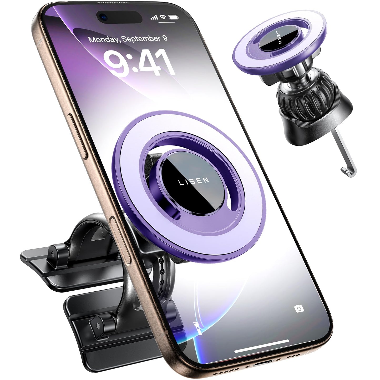 LISEN for MagSafe Car Mount [360° Rotation] Magnetic Phone Holder for Car Vent Phone Mount, Hands Free Phone Mount for Car Accessories, Phone Car Mount for iPhone Includes Vent/Dashboard Mount, Black