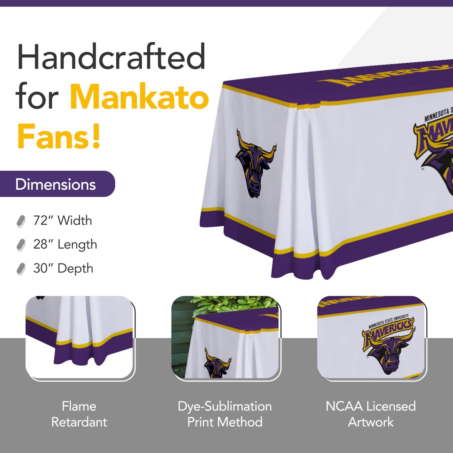 Victory Corps Minnesota State Mavericks College Sports Printed Table Throw - NCAA Licensed - Polyester - School Tablecloth (White, Purple, Yellow) (6' Draped)