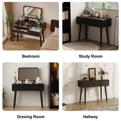 DONGMUWUJEE Solid Wood Vanity with Mirror and Lights, Adjustable Brightness, Wood Makeup Vanity with 3 Drawers, Semi-Assembled, Vanity Desk for Bedroom (Black)