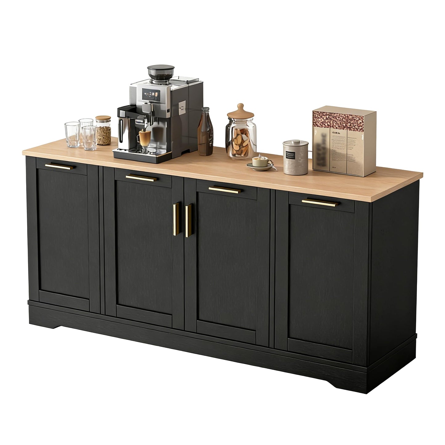 Amposei Kitchen Sideboard Storage Cabinet 54’’ Wooden Credenza Buffet Coffee Bar Cabinet with Drawers, Adjustable Shelves for Living Room Dining, Black