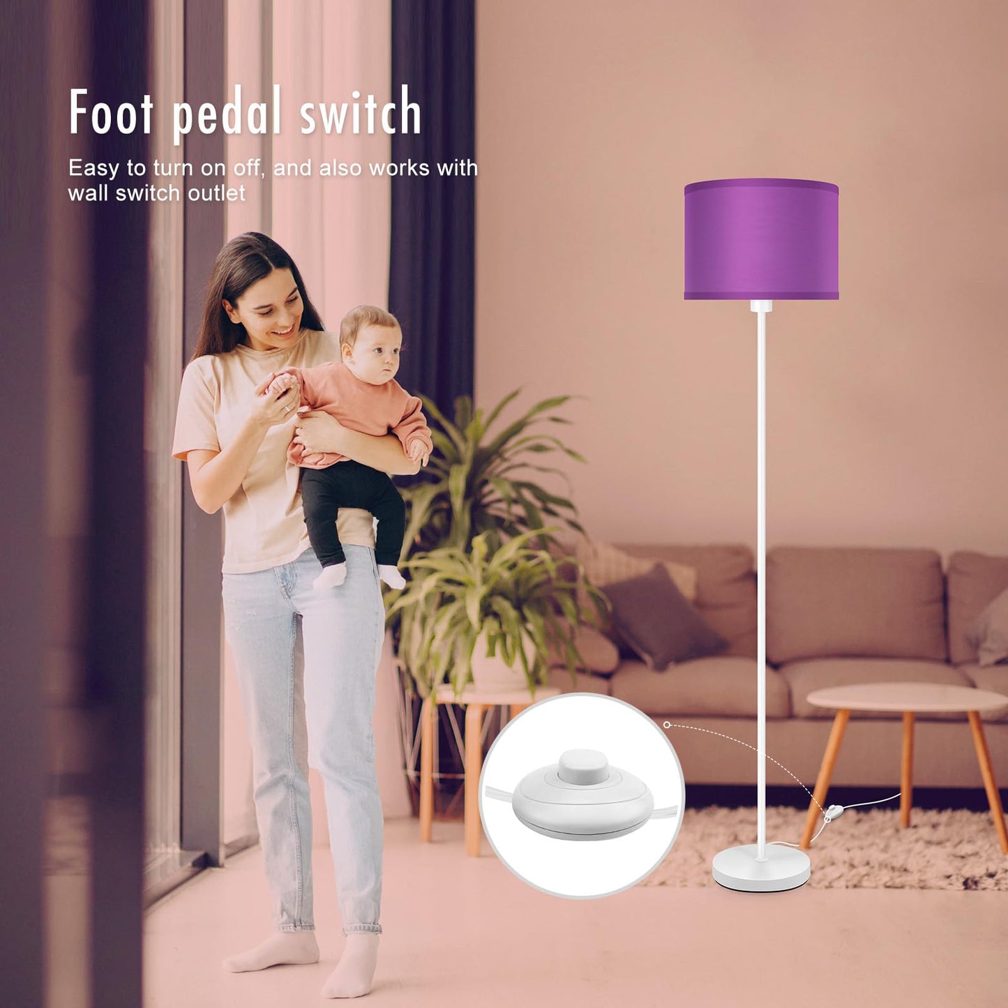Floor Lamp for Bedroom, Purple Standing Lamp, Modern Stand Up Lamps with Lampshade, 59" Tall Lamp, Foot Switch, Small Corner Lamp Decor for Kids Room, Living Room , Den, Office(NO Bulb,E26 Base)
