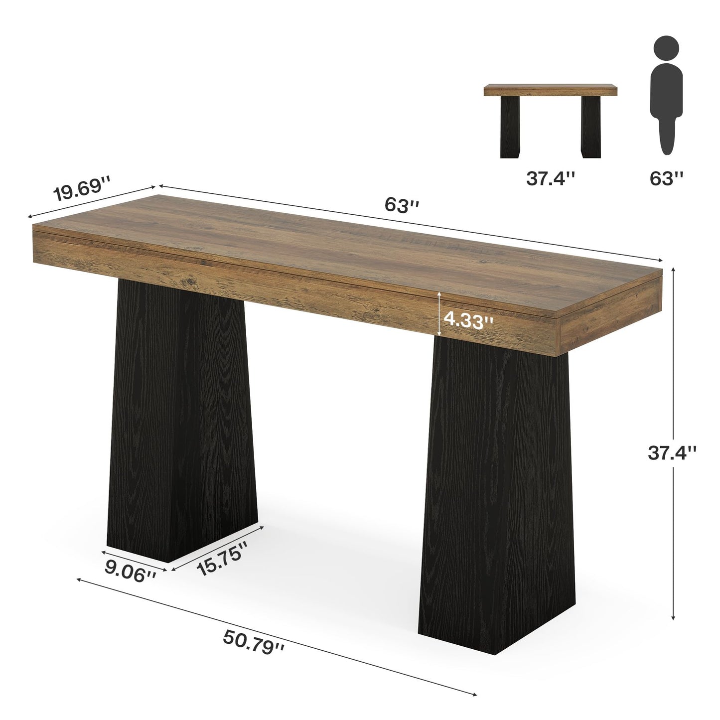Tribesigns 63 Inch Wood Bar Table, Rustic Rectangular Bar Height Counter Table with Thickened Tabletop & Sturdy Base for Home, Basement, Event, Brown Black (1)