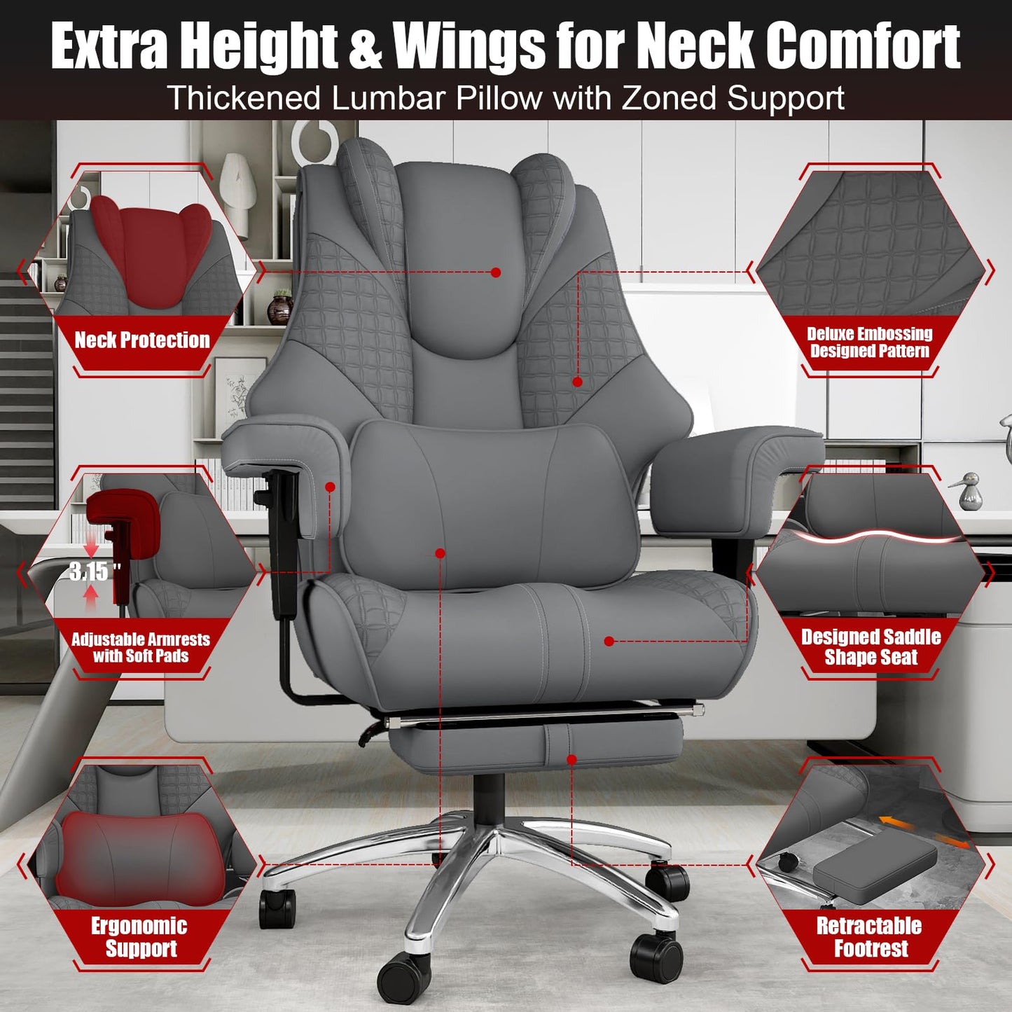 400lbs Big and Tall Office Chair, Wide Ergonomic Leather Executive Chair for Heavy People with Foot Rest, High-Back Reclining Computer Chair with Swivel Wheels and Lumbar Support (Gray)