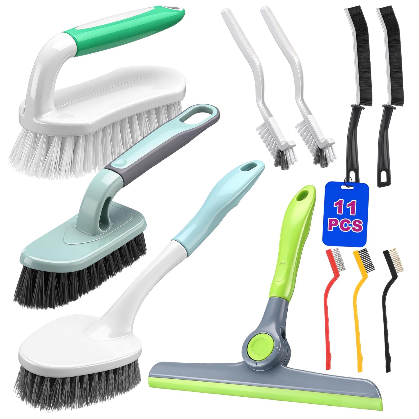 Yiyiring 11 Pcs Cleaning Brush Set with Squeegee Crevice Gap Brushes Handheld Scrub Brush and Hard Bristle Detail Brushes Multi-Purpose Household Cleaning Tools for Kitchen Bathroom Sink Grout Window
