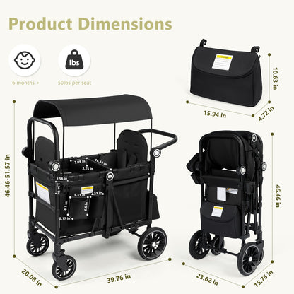 Kinder King Wagon Stroller for 2 Kids, All-Terrain Foldable Outdoor Stroller Wagon 2 Seater, Removable Canopy, Adjustable Handle, Shock-Absorbing Wheel, Detachable Tray, Large Storage, Black