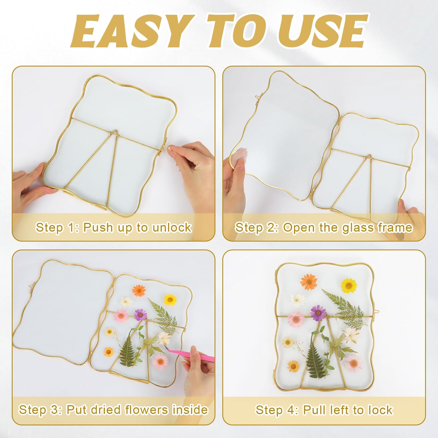 Himitimi Double Glass Frame for Pressed Flowers, 6x8 Inch Handmade Wave Pressed Flower Frame Metal Floating Picture Frame for Tabletop Display DIY Artwork Home Decor(Gold)