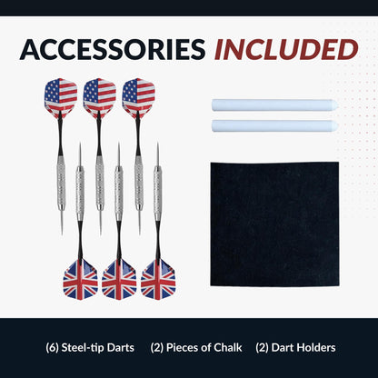 Hathaway Drifter 18-in Bristle Dart Board and Cabinet Set – Includes Self Healing Sisal Board, Removable Outer Ring, Chalk Scoreboards & Steel-Tip Darts - Complete Dart Accessories - Timberwood