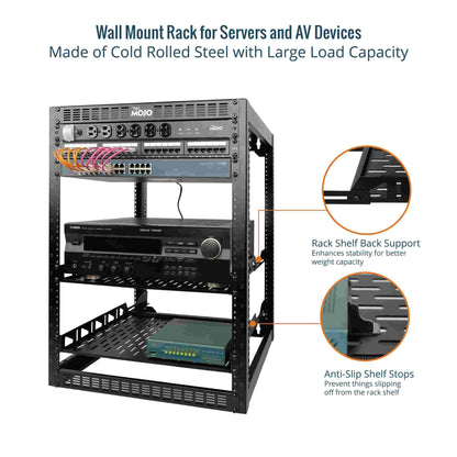 Tecmojo 16U Open Frame Network Rack for IT & AV Gear, AV Rack Floor Standing or Wall Mounted,with 2 PCS 1U Rack Shelves & Mounting Hardware,Network Rack for 19" Networking,Audio and Video Device