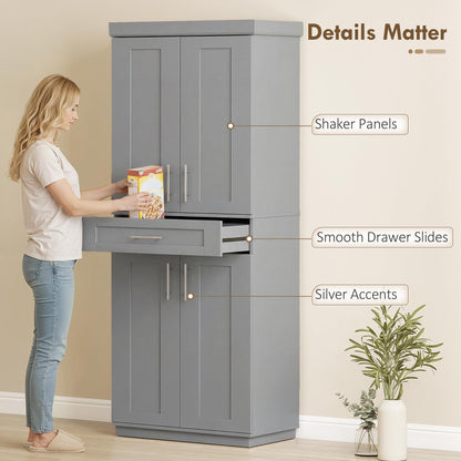 HOMCOM 72" Kitchen Pantry Cabinet, Freestanding Tall Storage Cabinet with 4 Doors, Drawer and 3 Adjustable Shelves for Dining Room, Gray