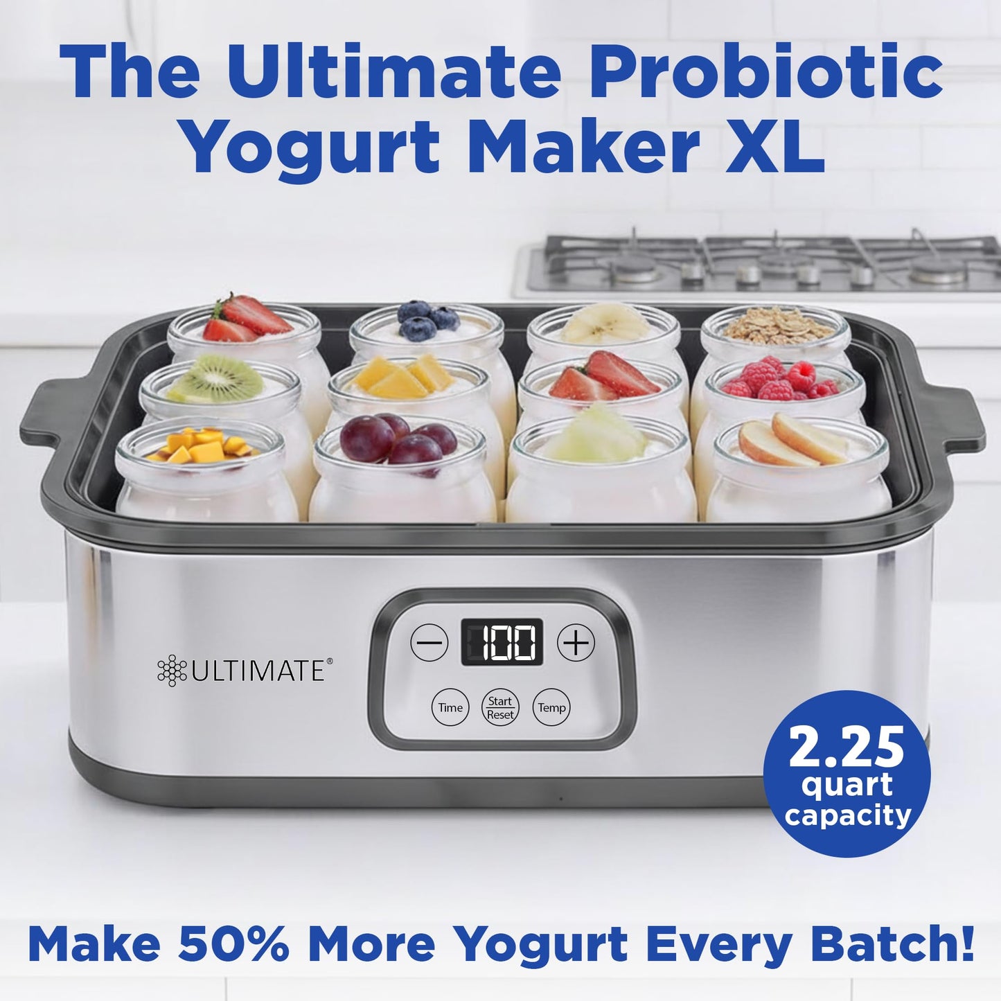 Ultimate Probiotic Yogurt Maker XL, Adjustable Time & Temperature Control, 50% More Capacity with 12 x 6oz Yogurt Jars, Make Trillions of Probiotics for Gut Health, ULTIMATE LIFETIME WARRANTY