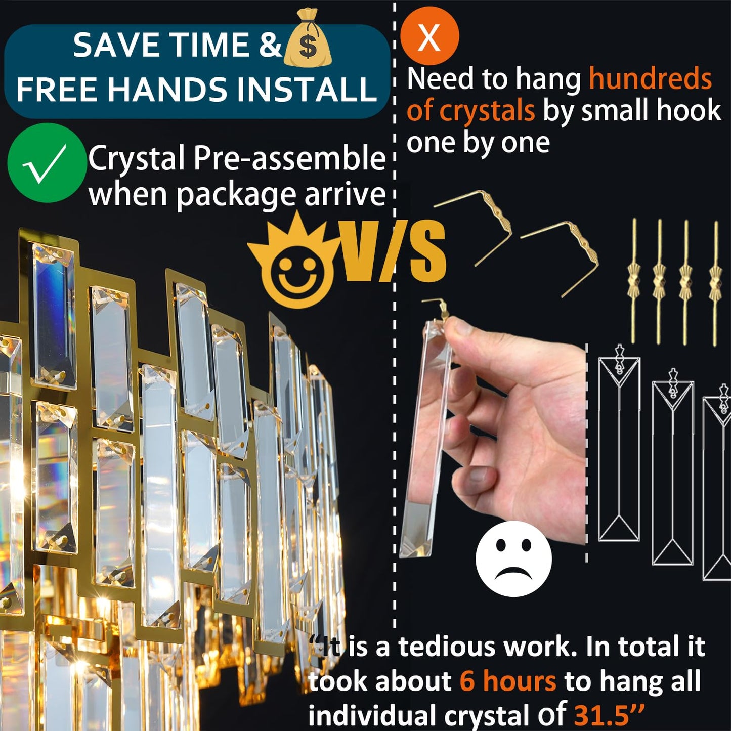ANTILISHA Gold Crystal Chandelier Lighting Foyer Hall Entry Way Chandeliers Light Fixture for High Ceiling Sloped Pendant Hanging French Empire Style Round Large 31.5 inch