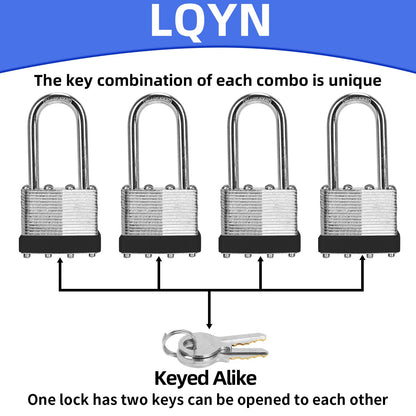 Padlocks with Same Key, LQYN 100 Pcs Laminated Keyed Padlock (1-9/16", 40mm), Keyed Alike Locks, Long Shackle, for Storage Locker, Hasp Latch, Toolbox, Sheds