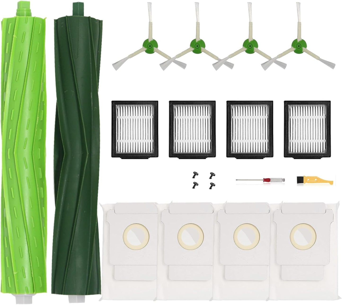 Replacement Parts for iRobot Roomba I, E & J Series, 1 Set Rubber Brushes, 4 HEPA Filters, 4 Side Brushes, 4 Vacuum Bags