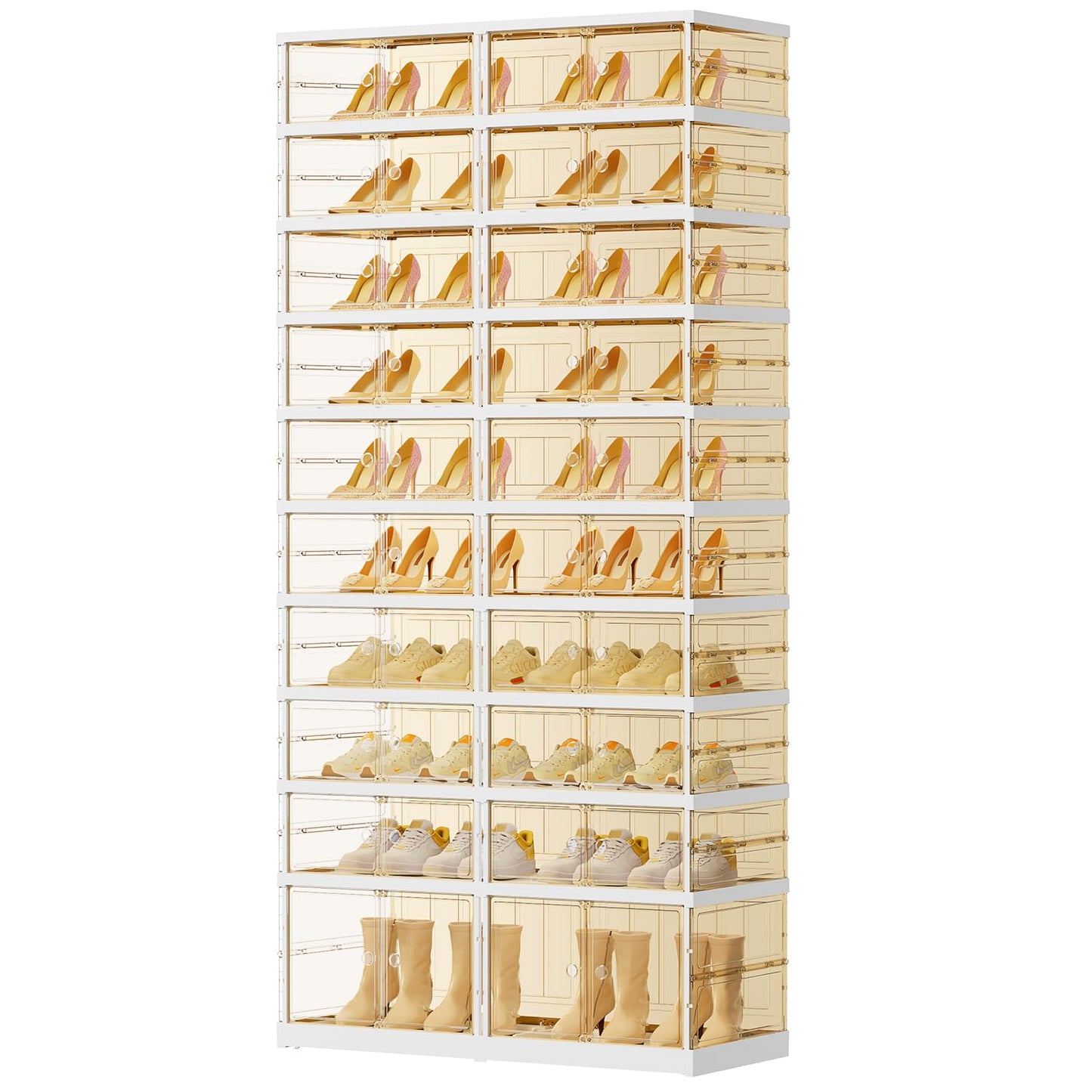 EHAMILY 10 Tiers 20-40 Pairs Foldable Shoe Rack for Closet Plastic Stackable Shoe Boxes for Garage Collapsible Shoes Shelf with Doors Storage Organizer Cabinet Quick Assembly,Brown