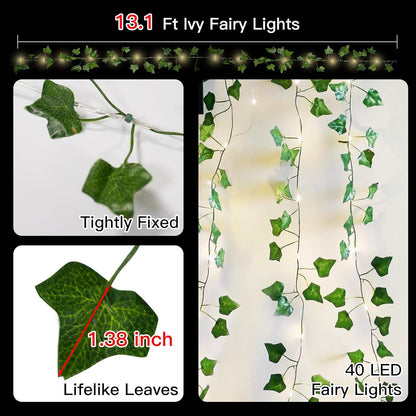13.1ft 40 suddus Vine with Fairy Lights Battery Operated, LED Ivy String Light with Remote, Leaf Lights for Bedroom