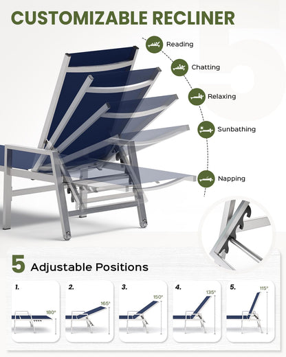 Patio Chaise Lounge Chair Outdoor Set of 2 with Wheels&Armrests, Aluminum Pool Lounge Chairs Five-Position Adjustable Recliner, Outdoor Beach Lounge Chairs for Poolside, Patio, Deck, Yard, Navy Blue