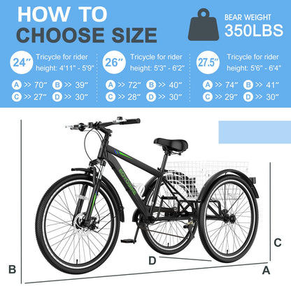 Slsy Adult Mountain Tricycle, 7 Speed Three Wheel Bike, 24/26 Inch Adults Trikes for Seniors with Shopping Basket, Exercise Men's Women's Tricycles