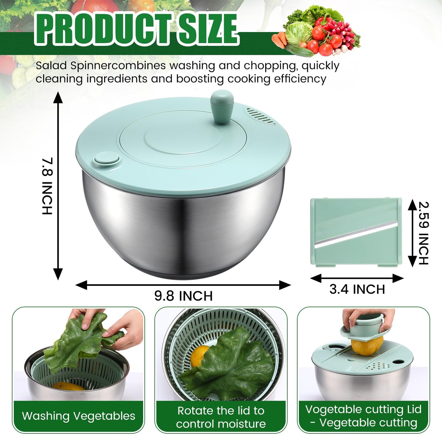 LemonRoad Stainless Steel Salad Spinner Large, Vegetables Fruits Washing Bowl, Fruits Lettuce Dryer with 5 Blade Slicer Egg Yolk Strainer Shredder for Kitchen Efficient Salad Preparation, 5.3 Qt