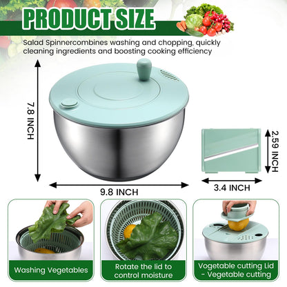 LemonRoad Stainless Steel Salad Spinner Large, Vegetables Fruits Washing Bowl, Fruits Lettuce Dryer with 5 Blade Slicer Egg Yolk Strainer Shredder for Kitchen Efficient Salad Preparation, 5.3 Qt