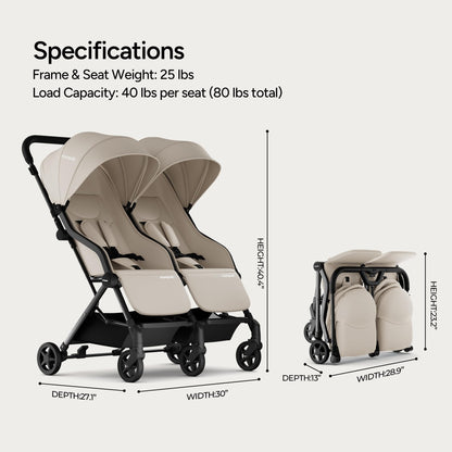 Mompush Lithe Double Stroller for Infant and Toddler, Lightweight Side by Side Twin Stroller, Only 25 lbs, 30-Inch Slim Fit Through Doorways, One-Step Fold, Independent Recline, UPF 50+ Canopy