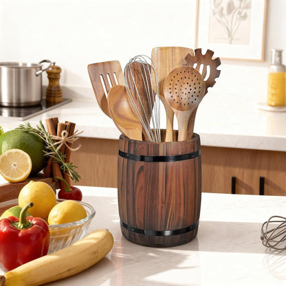 KewinSent Wooden Utensil Holder, Brown, Barrel Shape, Holds Spoons and Scoops, Wine Barrel Design, Painted, Smooth Surface, Sturdy Construction