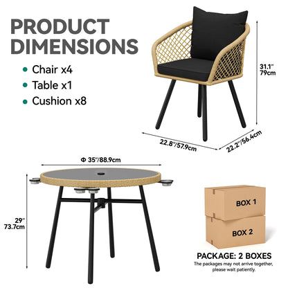 YITAHOME Outdoor Dining Set with Umbralle Hole, 5pcs Rattan Patio Dining Set for 4 with Cup Holders Soft Cushions and Glass Top Dining Table for Patio, Backyard, Garden, Bacony, Light Brown & Black
