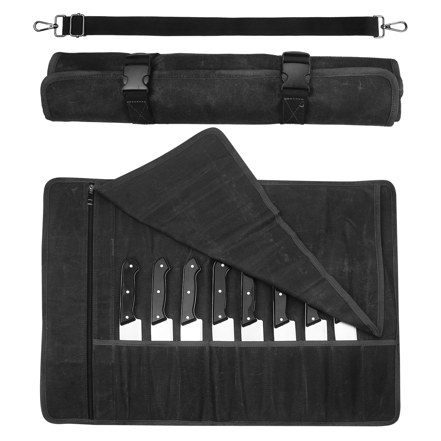 Chef Knife Roll Bag,Waxed Canvas Knife Travel Case,Heavy Duty Professional Knife Carrier Storage Holder with 10 Slots,Portable Kitchen Culinary Tool Organizer for Men,Fits up to 18.8”Knives.Black