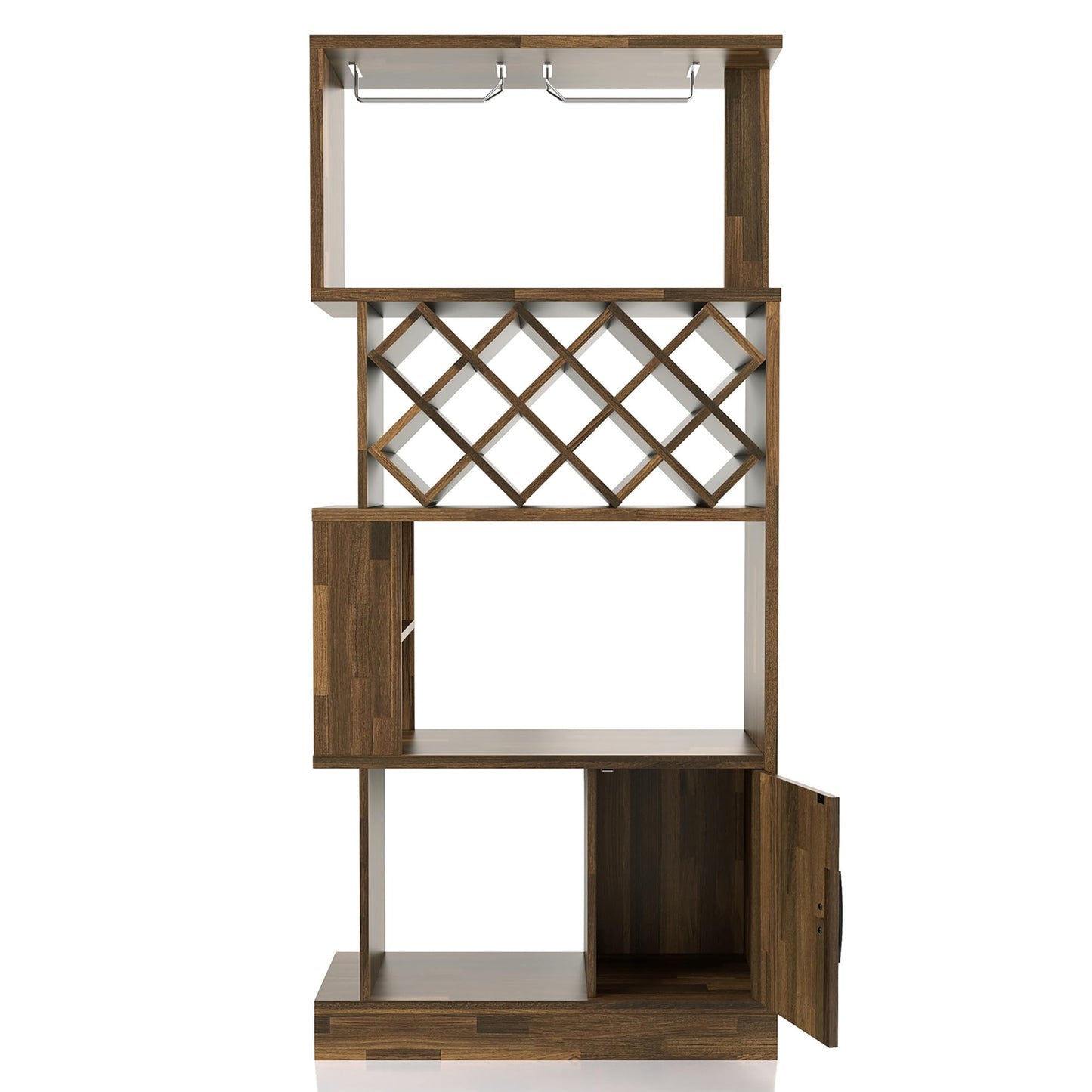 24/7 Shop at Home Arlo Transitional Multi-Storage Wood Wine Cabinet with Stemware Racks for Kitchen Dining Room, Bar, 69", Light Hickory Brown