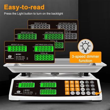 Price Computing Scale 88lb/40kg Commercial Food Scale for Produce Meat with Stainless Steel Large Platform, LCD Display, and Green Bright Backlight for Farmers Markets, Deli, （Not for Trade）