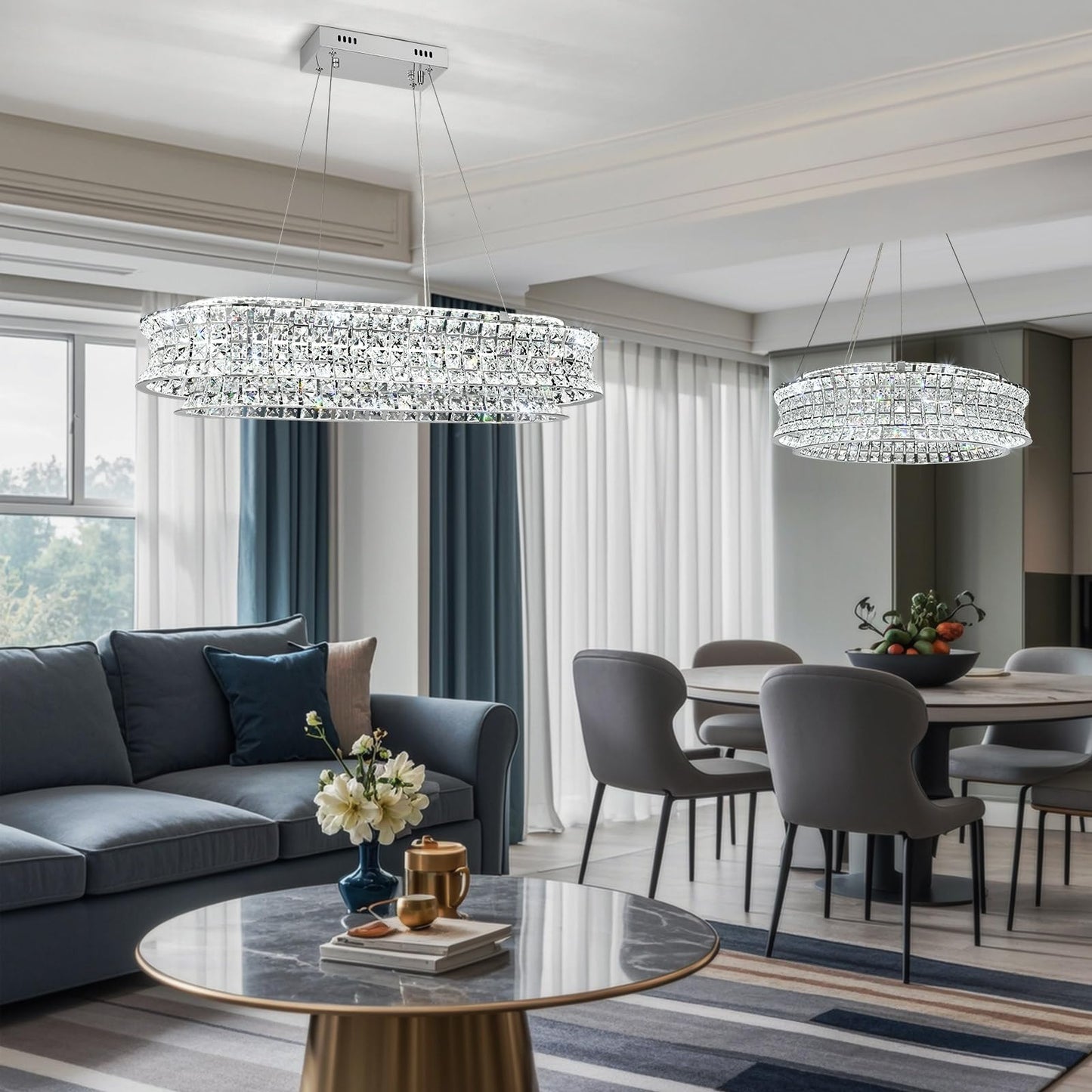 AOOCHOK Modern Crystal Chandelier for Living Room, LED Chrome Pendant Lights, Oval Crystal Hanging Lamp for Living Room, Dining Room, Restaurant, 30 x 14 inch