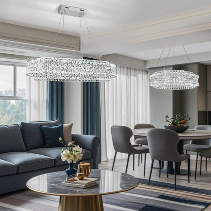 AOOCHOK Modern Crystal Chandelier for Living Room, LED Chrome Pendant Lights, Oval Crystal Hanging Lamp for Living Room, Dining Room, Restaurant, 30 x 14 inch