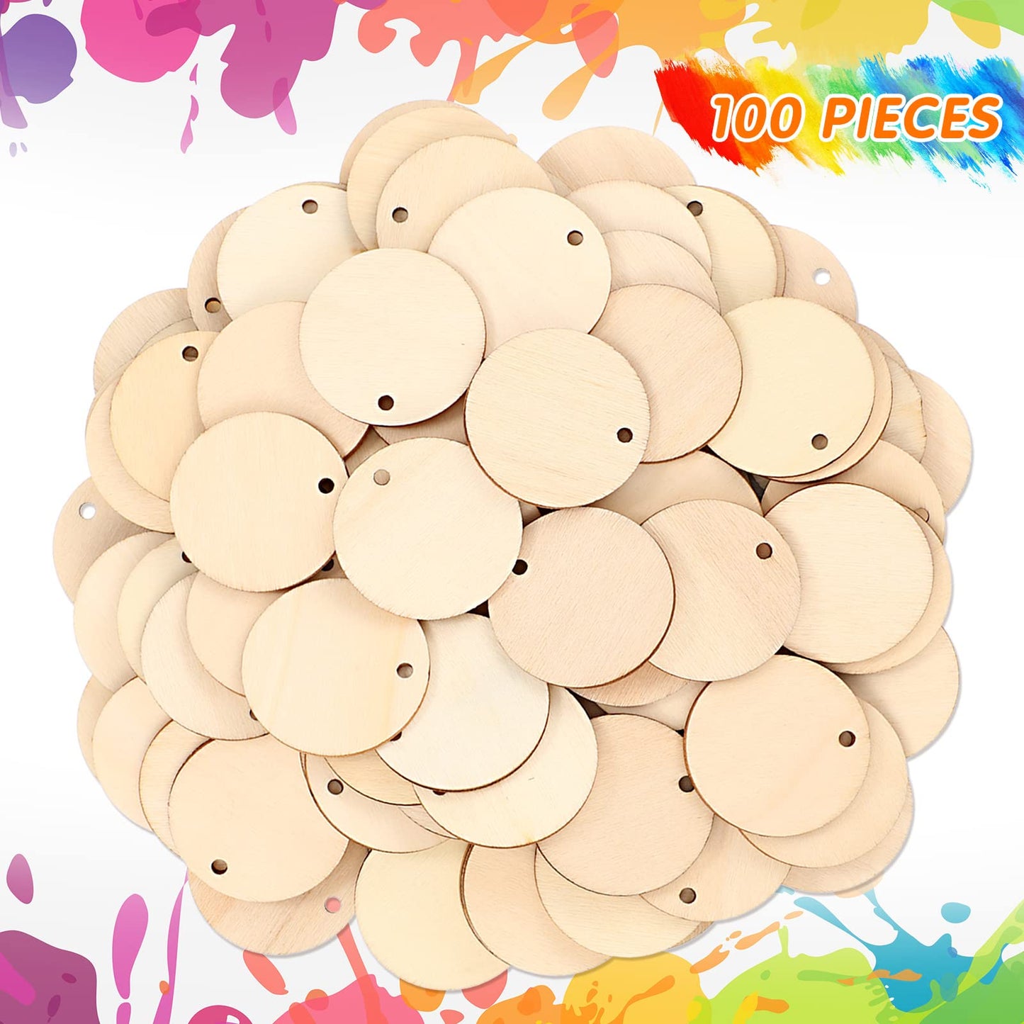 100 Pieces Unfinished Round Wooden Circles with Holes Round Wood Discs for Crafts Blank Natural Wood Circle Cutouts for DIY Crafts Party Birthday Christmas Decoration (1.5 Inch)