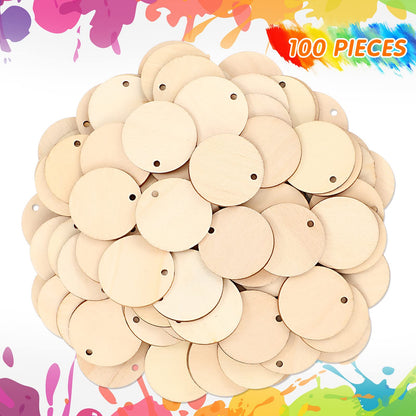 100 Pieces Unfinished Round Wooden Circles with Holes Round Wood Discs for Crafts Blank Natural Wood Circle Cutouts for DIY Crafts Party Birthday Christmas Decoration (1.5 Inch)