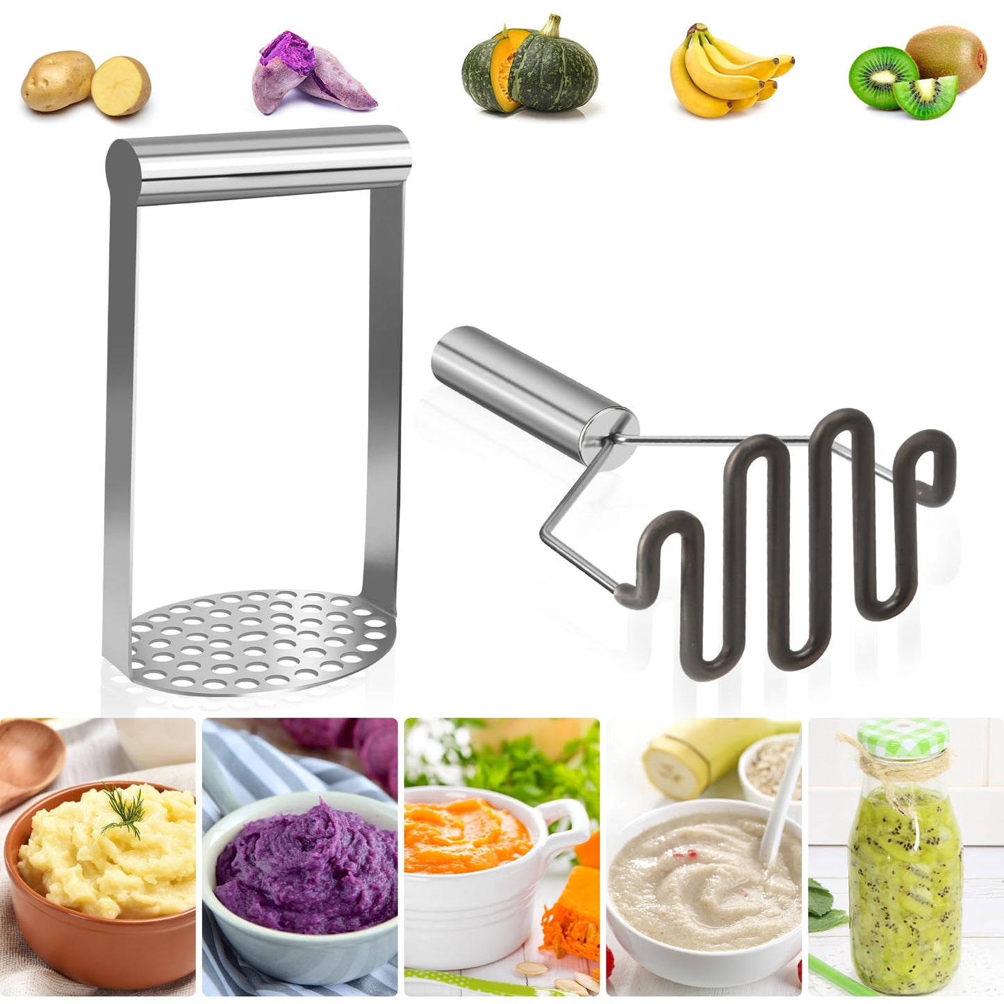 VOOVAO 2Pcs Wide Potato Smasher,Mashed Potato Masher,Stainless Steel Masher Kitchen Tool for Bean,Vegetable,Food,Fruit,Salad