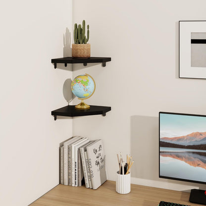 Set 2 7in Fun Memories Corner Shelf Wall Mount of - Solid Oak Wood Floating Corner Shelf with Cable Hole, Rustic Design
