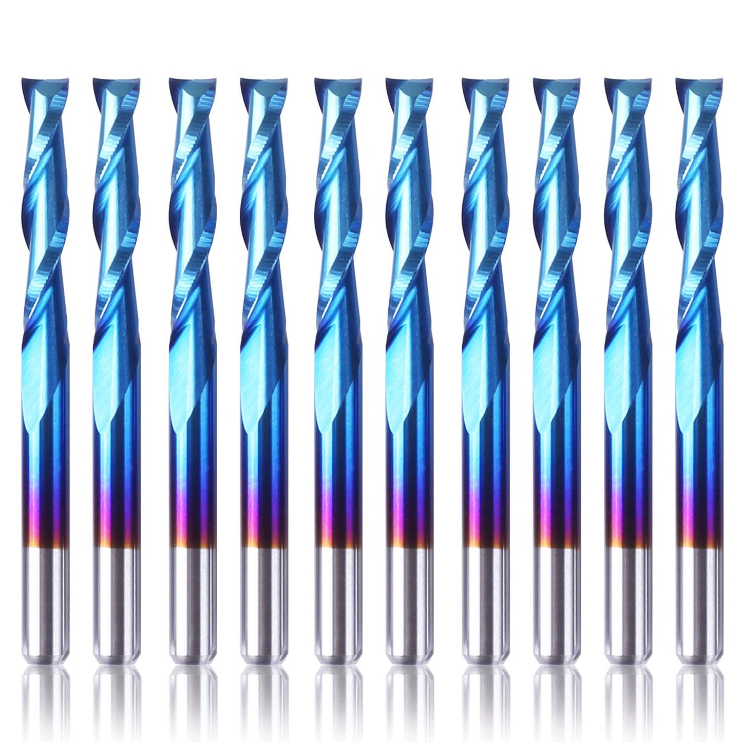 SainSmart Genmitsu 10Pcs Nano Blue Coat Flat Nose End Mill CNC Router Bits, 1/8" Shank Spiral Upcut 2 Flute End Mill Set (3.175 x 17 x 38mm)