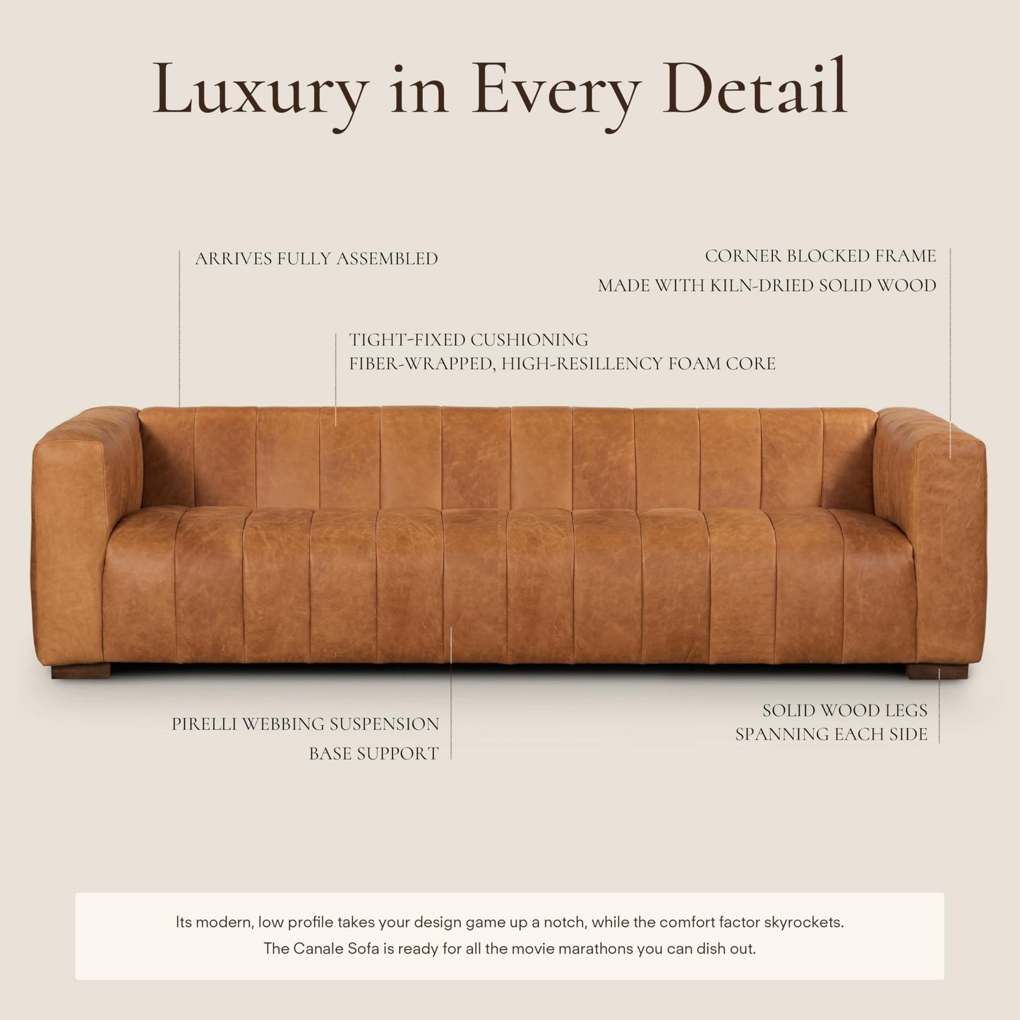 Poly & BARK Canale 99” Sofa – Modern 3-Seater Couch for Living Rooms – Performance Fabric Upholstery, High-Density Foam Cushions, Tapered Legs, Minimal Assembly – Cognac Tan