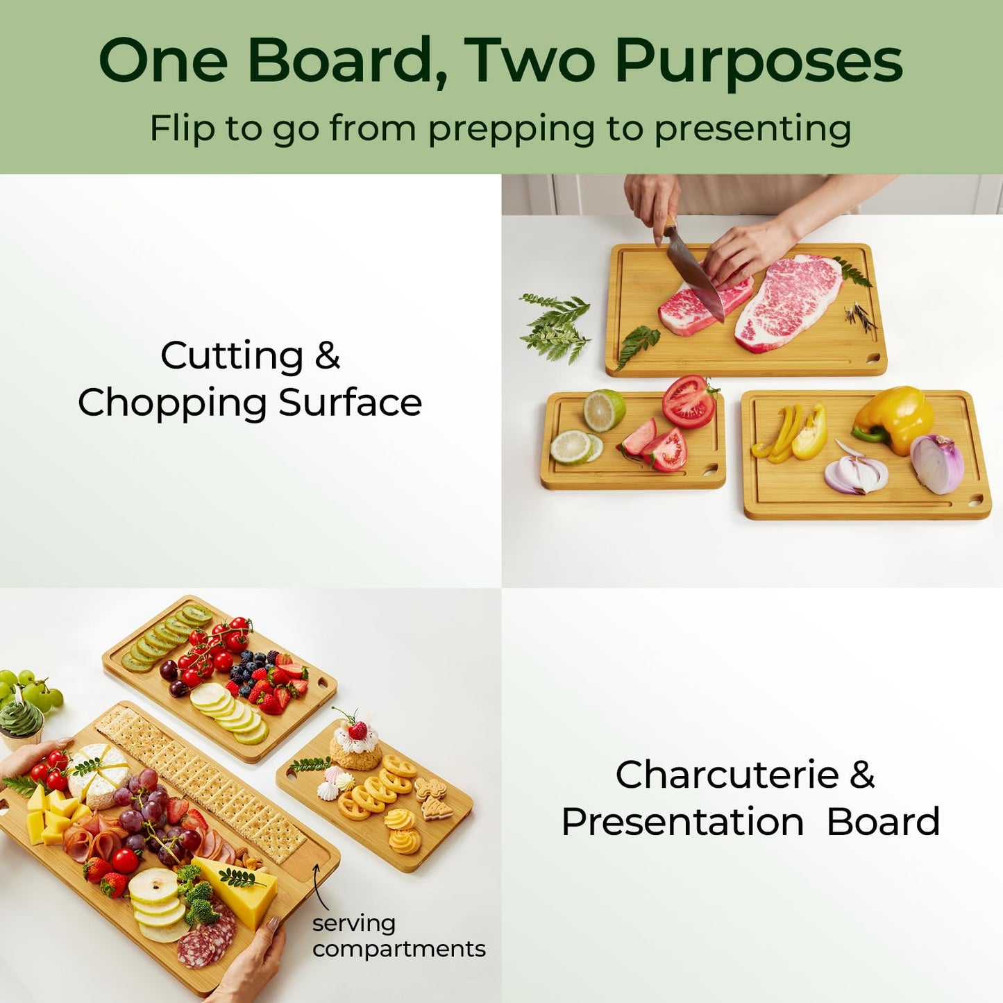 Bamboo Cutting Board, Durable Wood Cutting Boards for Kitchen with Deep Juice Grooves & Built-in Handles, Ideal Charcuterie & Chopping for Meat, Vegetables and Fruits Ideal Kitchen Gifts