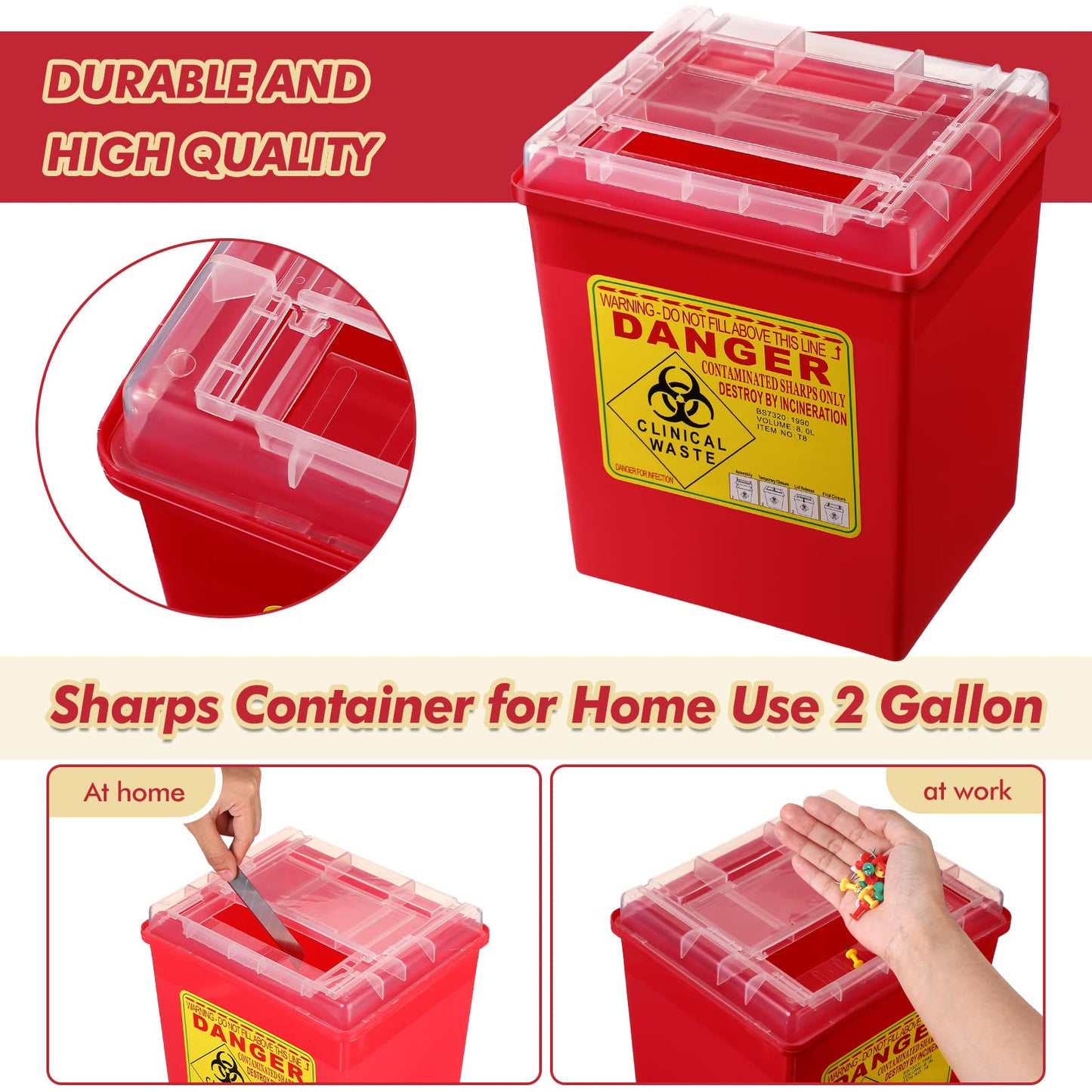 Lothee 6 Pack 2 Gallon Sharp Containers for Needles Disposal Containers Sharps Biohazard Needle and Syringe Disposal, Medical Grade, Red