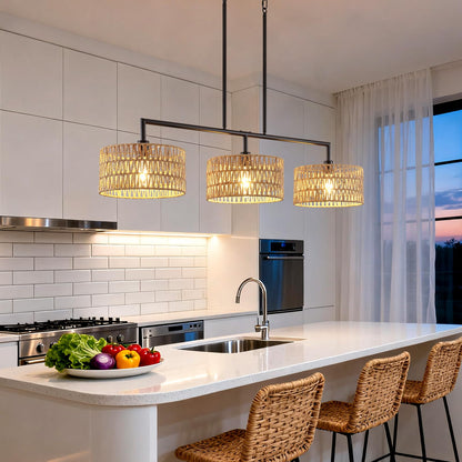 MRHYSWD 47" Hand Woven Rattan Chandeliers for Dining Room, 3-light Boho Linear Chandeliers Large Farmhouse Kitchen Island Lighting, Black Finish Pendant Light Fixtures Over Table, Bar, Living Room,E26