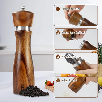 Haomacro 2 Pack Wood Salt and Pepper Grinder Set, Acacia Wood Salt and Pepper Grinder Mill Pepper Grinder Ceramic Stainless Steel Core-8 Inch
