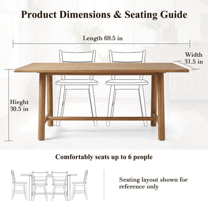 Ya-Home Natural Dining Table, 69" Wood Kitchen Table with Solid Wood Legs, Seats 4-6, Modern Farmhouse Dinner Table for Dining Room Home Office