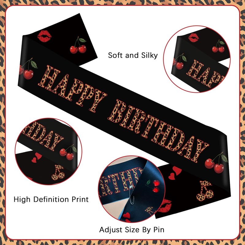 OWWOPATS Cheetah Cherry Happy Birthday Sash, Leopard Satin Sash Birthday Decorations Red and Black Party Decorations for Women and Girls