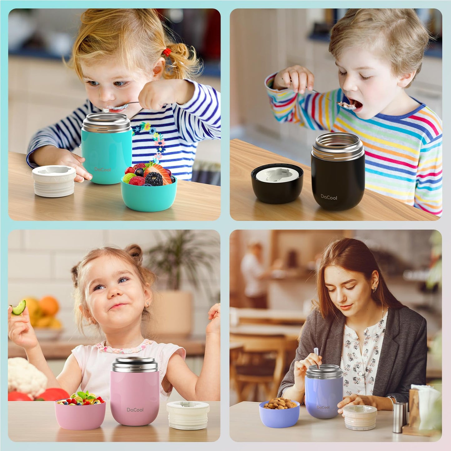 DaCool Food Thermo for Hot Food Insulated Food Jar 16 Ounce Vacuum Stainless Kids Lunch Thermo Container Bento for Kids Adult with Spoon Leakproof for School Office Picnic Travel Outdoors,Cyan Blue